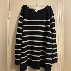 J Jill Navy Blue White Striped Boat Neck Long Sleeve Lightweight Sweater Size XL